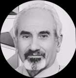 A small black and white photo in a round frame of Mr. Hossein Radan, the chairman of Lebfa's board of directors