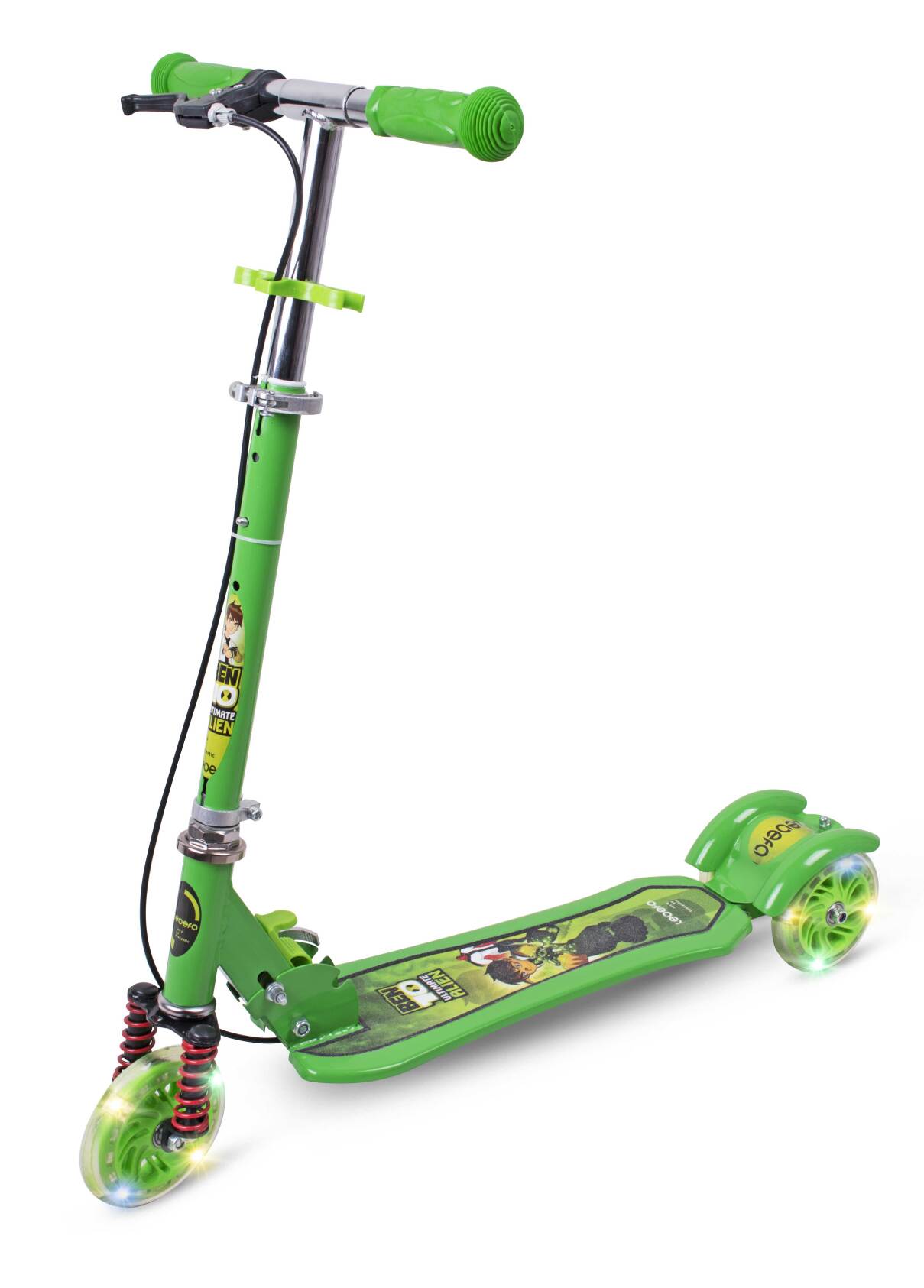  اسکوتر مکانیکی کودکان با طراحی بدنه‌ی کارتونی سبز بن تن، با دو چرخ عقبی و دسته‌ با ارتفاع قابل تنظیم 