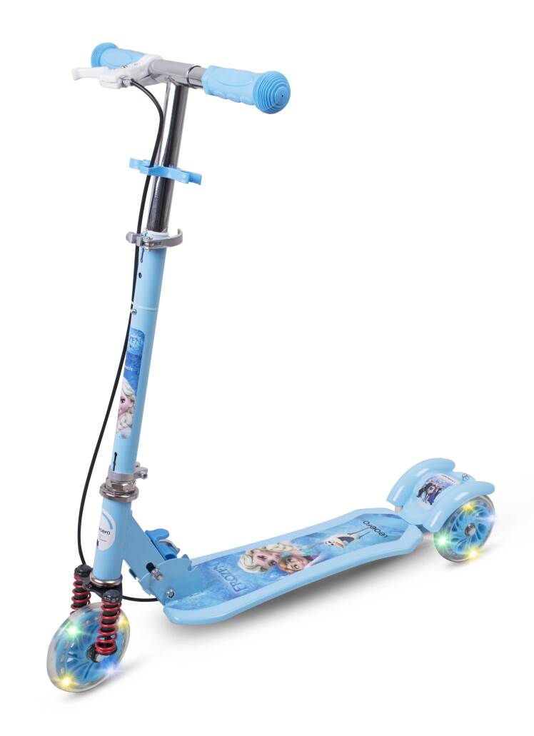 اسکوتر مکانیکی کودکان با طراحی بدنه‌ی کارتونی آبی فروزن، با دو چرخ عقبی و دسته‌ با ارتفاع قابل تنظیم