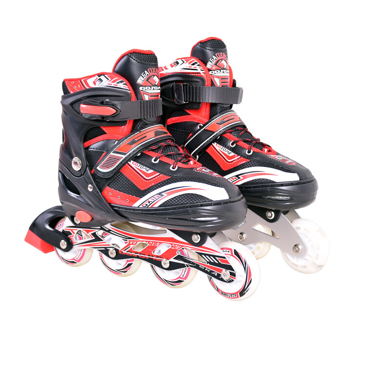 کفش اسکیت تمام ژل چهار چرخ لبفا با رنگ قرمز و مشکی، بند و تسمه دار نمای رو به رو مناسب ورزش و تفریح
